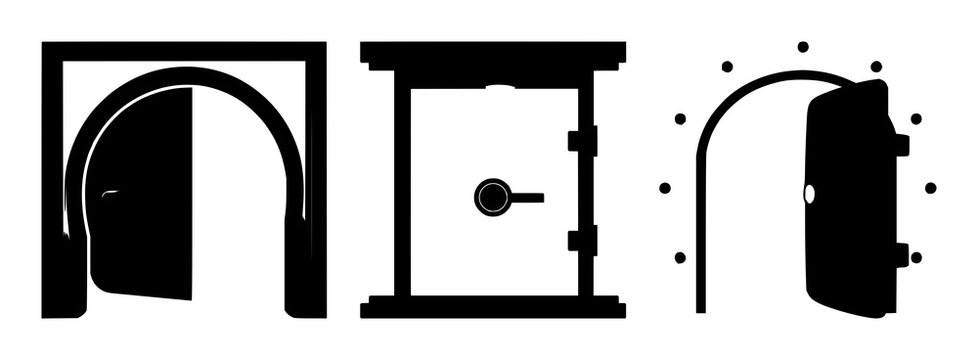 Bank vault security door set with a solid black icon featuring a round shape, metal elements, and strong construction with safety and protection