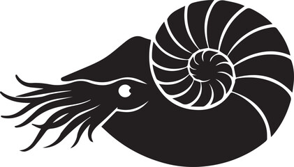 Silhouette of a nautilus shell with tentacles with sea creature with marine life with black and white with deep sea © Rijvi