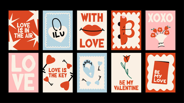 Valentine&rsquo;s Day romantic poster collection in retro cartoon style. Hearts, Cupid, vintage love car, keys and locks, roses, floral bouquets, love letters, romantic coupons and lips. Illustration set