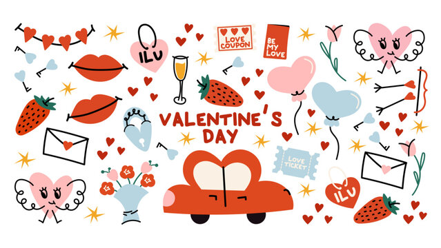 Valentine&rsquo;s Day sticker set in retro cartoon style. Hearts, Cupid, love car, keys, roses, bouquets, love letters, coupons and lips. Cute romantic illustration pack for digital stickers