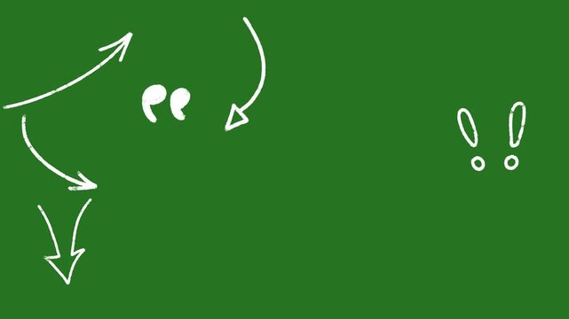 Hand-Drawn White Chalk Punctuation and Arrow Pack | 2D Hand-Drawn Symbols Motion Asset | Creative Checkmark and Exclamation Doodle on Green Screen