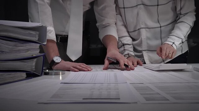 Business professionals analyzing financial documents. Calculating expenses. And reviewing data during a detailed tax audit or accounting investigation