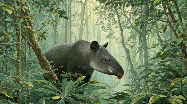 You can see a large tapir in a green rainforest.