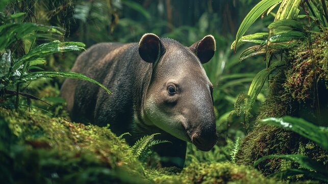 You can see a large tapir in a green rainforest.