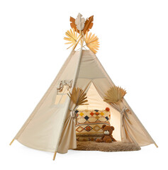 Stylish wigwam for child's room with pillow, rug and teddy bear isolated on white © New Africa