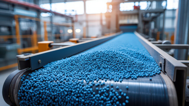 Fertilizer granules on conveyor belt in industrial plant, sanctions pressure on fertilizer trade flows, export restrictions tariffs, energy and gas costs, logistics bottlenecks, food security risk