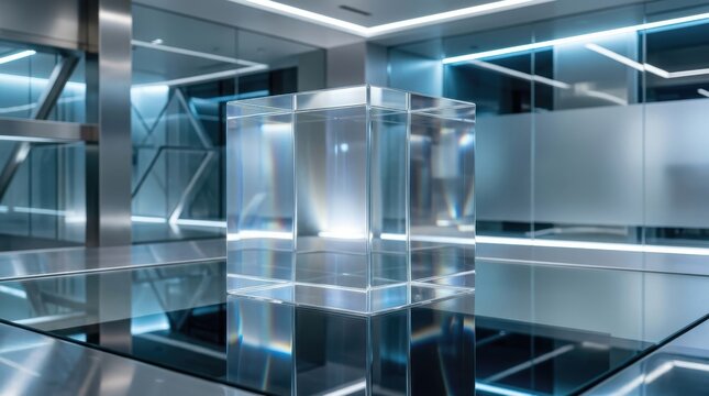 Transparent acrylic block pedestal on a glass-like floor with visible reflections and light refractions, cool toned lighting