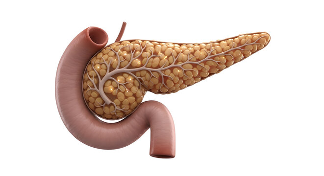 Anatomical illustration of the human pancreas and its duct system