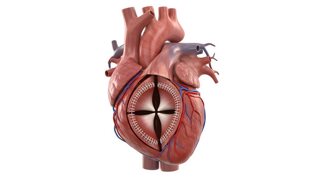 Illustration of a human heart with a pacemaker device implanted in the chest area