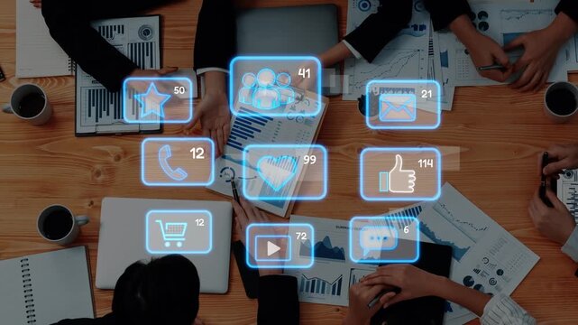 This image captures a collaborative business meeting scene with professionals analyzing data, featuring digital icons representing various aspects of communication and analytics. Raster