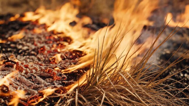 Close up of dry grass burning in a controlled fire 1.