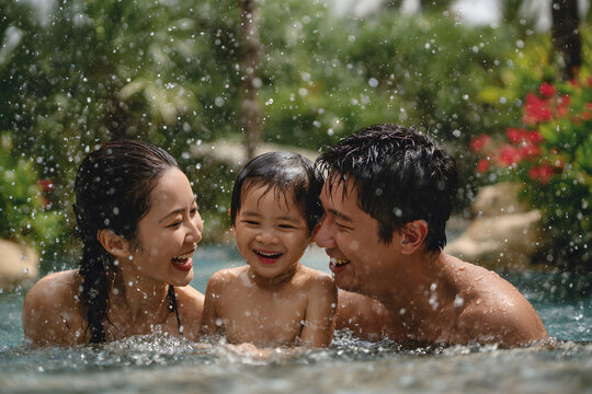 Uśmiechnięte dzieci bawiące się w wodzie w słoneczny letni dzień