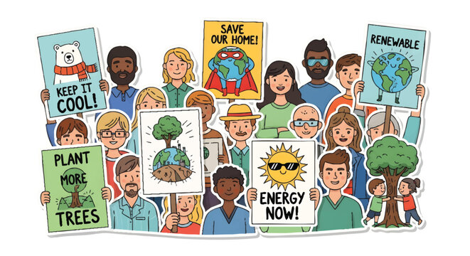 Diverse group of people holding eco friendly protest signs