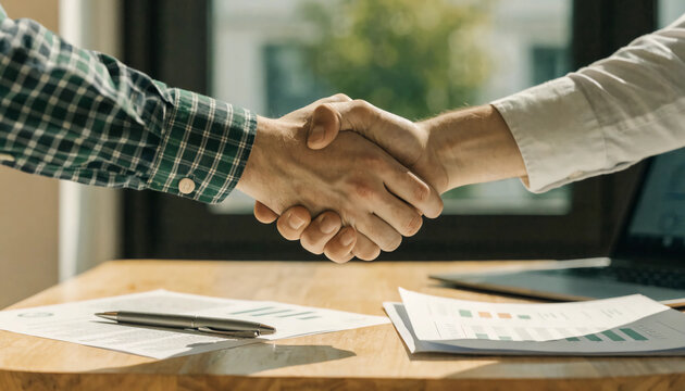 Two individuals exchange a handshake across a bright wooden desk featuring analytical reports and a laptop, signifying the successful conclusion of a business negotiation or service agreement.