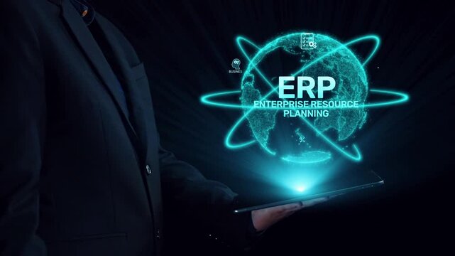ERP platform visual showing centralized system for enterprise resource planning, improving integration, data flow, business efficiency, finance, inventory, and human resources. Elide