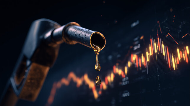 Fuel nozzle dripping oil with financial stock market chart background showing downward trend representing energy crisis and gas price fluctuations in global commodity trading markets