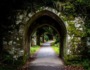 Obraz premium Stone Archway Leading to a Serene Pathway in Nature.