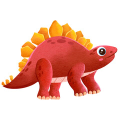 A cute cartoon illustration of a red stegosaurus dinosaur with a smiling face, in the style of a children's book illustration  © veensahand_art