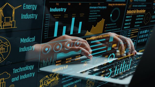 A close-up view of hands interacting with a futuristic industry dashboard on a laptop, showcasing graphics representing various sectors and data analytics insights. Cipher