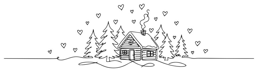 Fototapeta premium Cozy winter log cabin in pine forest with hearts and smoke one line drawing for romantic retreat