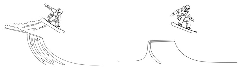 Fototapeta premium Snowboarder jumping in winter park one line drawing vector for extreme winter sports and freestyle boarding concept