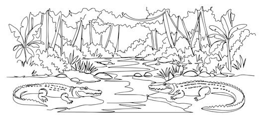 Obraz premium Crocodiles in tropical jungle river landscape one line drawing vector for wildlife and nature concept