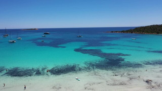 4K Aerial View of Cala Brandinchi SARDINIA  , Lu Impostu Bays. Cinematic aerial Drone Flight over Little Tahiti Turquoise Sea and White Sand. San Teodoro  Best beaches of Sardegna and Europe tahity 4k