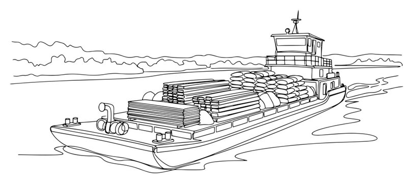 Cargo barge carrying industrial goods on river one line drawing vector illustration of maritime transportation