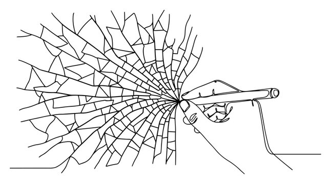 Hand with stylus pen touching shattered glass screen one line drawing for digital repair or technology concept