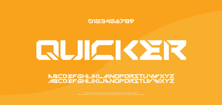 QUICKER Virtual digital font, cyber alphabet made space design made futurism style, uppercase Latin letters A-Z and Arab numerals 0-9 space style, vector illustration 10EPS