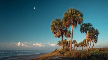 Obraz premium Tall palm trees stood on the beach under a blue evening sky with a sliver of moon.