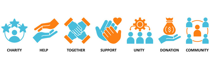 Fototapeta premium Volunteering icon set Aqua Orange Flat concept for volunteer aid assistant with icon of charity, help, together, support, unity, donation, and community