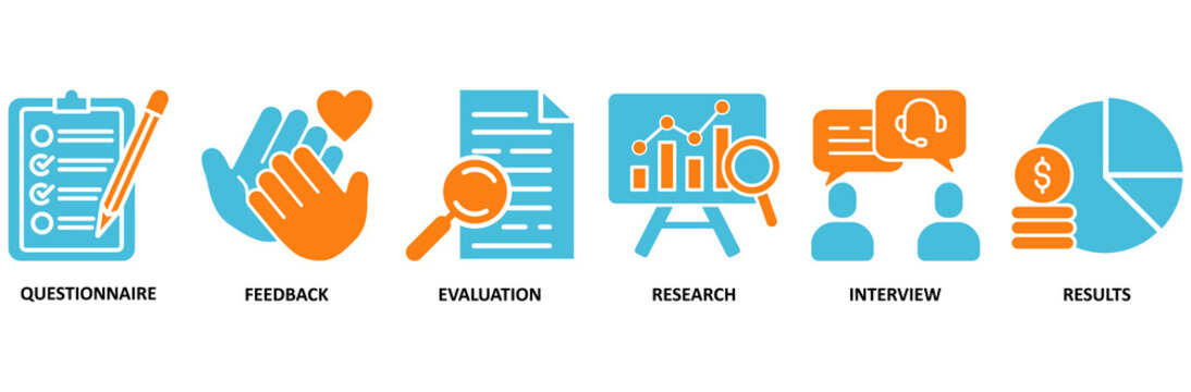 Survey icon set Aqua Orange Flat concept for customer satisfaction questionnaire feedback with icon of evaluation, research, interview and result