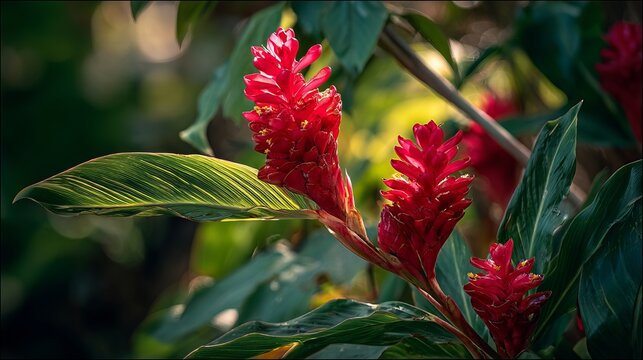 Bright red ginger flowers glow in the sun.