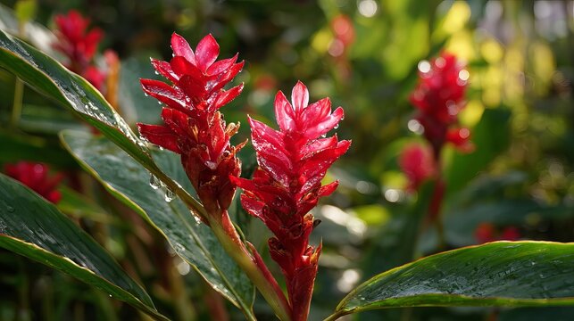 Bright red ginger flowers glow in the sun.