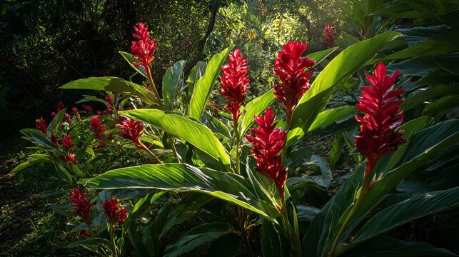 Bright red ginger flowers glow in the sun.