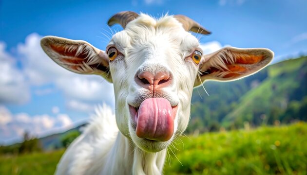Goat with tongue out in a sunny field.