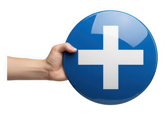 Obraz premium Hand holding a blue circle with a white cross isolated on transparent background