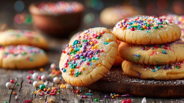Cookies with sugar and colorful sprinkles are on the table.