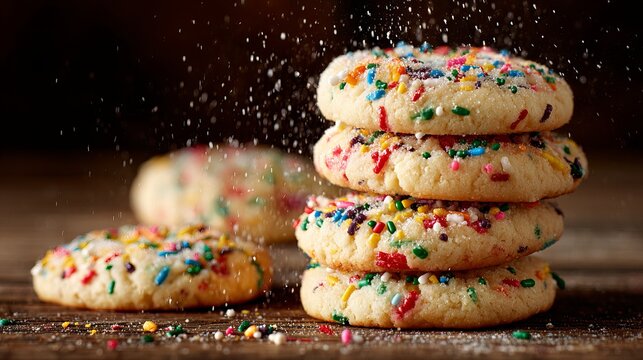 Cookies with sugar and colorful sprinkles are on the table.