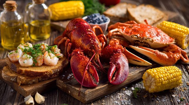 Lobster and crab from the Atlantic Ocean, served with corn and bread.