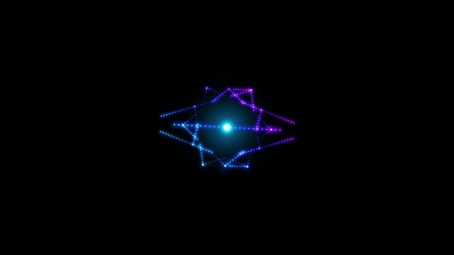 A rotating, glowing neon Metatron's Cube, composed of a multitude of tiny flashing dots and gradient purple, pink, and blue bulbs. Sacred Geometry. 4k 3D loop animation 60 fps.