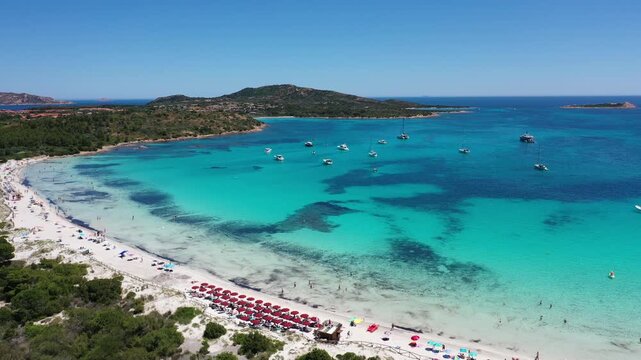 4K Aerial View of Cala Brandinchi SARDINIA  , Lu Impostu Bays. Cinematic aerial Drone Flight over Little Tahiti Turquoise Sea and White Sand. San Teodoro  Best beaches of Sardegna and Europe tahity 4k