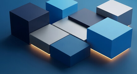 Obraz premium An array of blue and silver 3D blocks with subtle warm illumination.