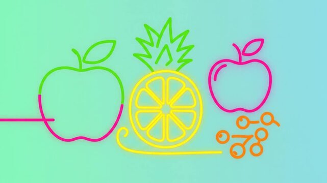 Neon Fruit Animation with a Colorful Glowing Apple, Pineapple, and Networking Symbol for Healthy Eating and Digital Collaboration