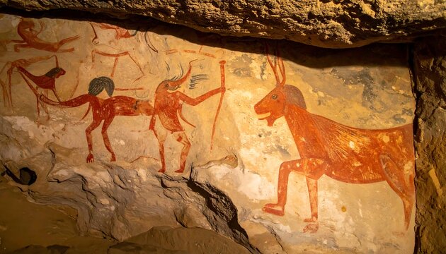 Ancient Cave Painting Depicting Humans and Animals in Prehistoric Times.