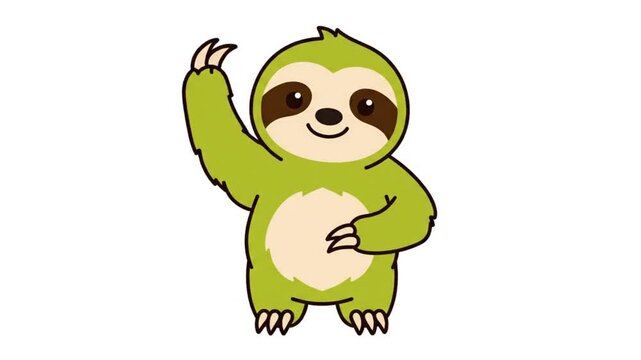 Cute cartoon sloth waving hello with its arm raised in a friendly gesture and smiling happily on a white background