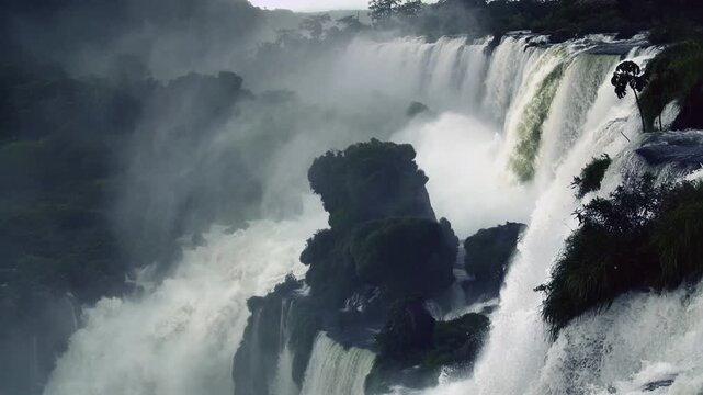Iguazu Waterfalls Close-Up in Slow Motion Under Dark Stormy Sky, Dramatic Mist and Power of Nature