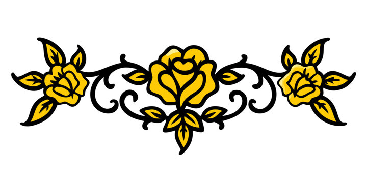 Ornamental yellow rose floral scroll divider, vector