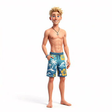 Jeune homme en tenue estivale avec maillot de bain et posture d&eacute;tendue